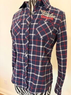 Women’s Harley-Davidson Navy, Red & White Plaid Shirt with Embroidered Logo sm